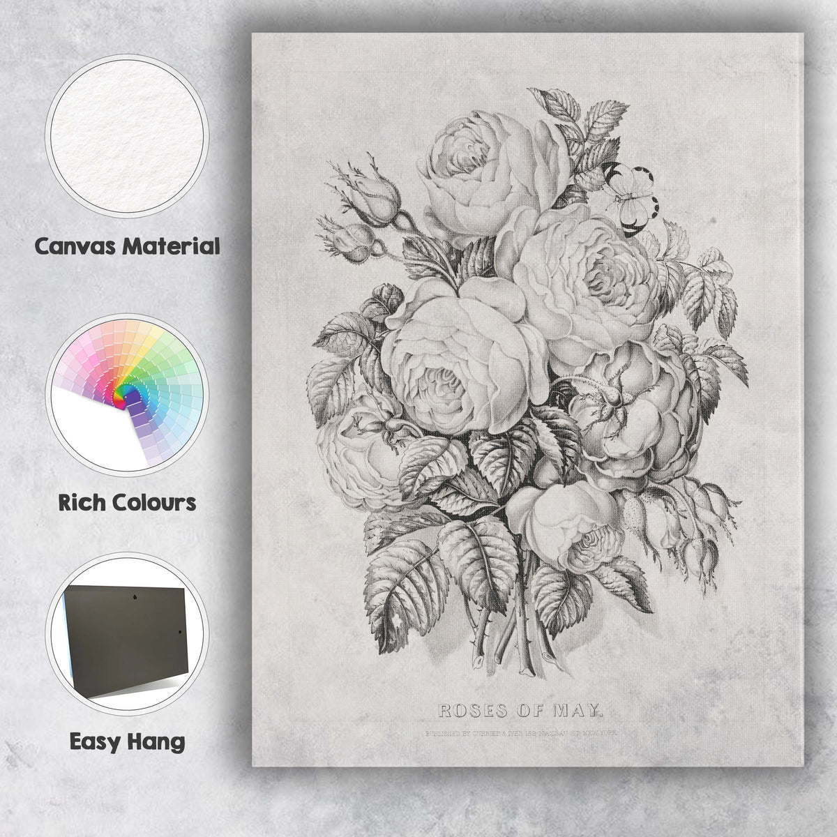 Antique Roses of May Floral Bouquet Engraving Canvas Wall Art Print Decor Picture Ready to Hang
