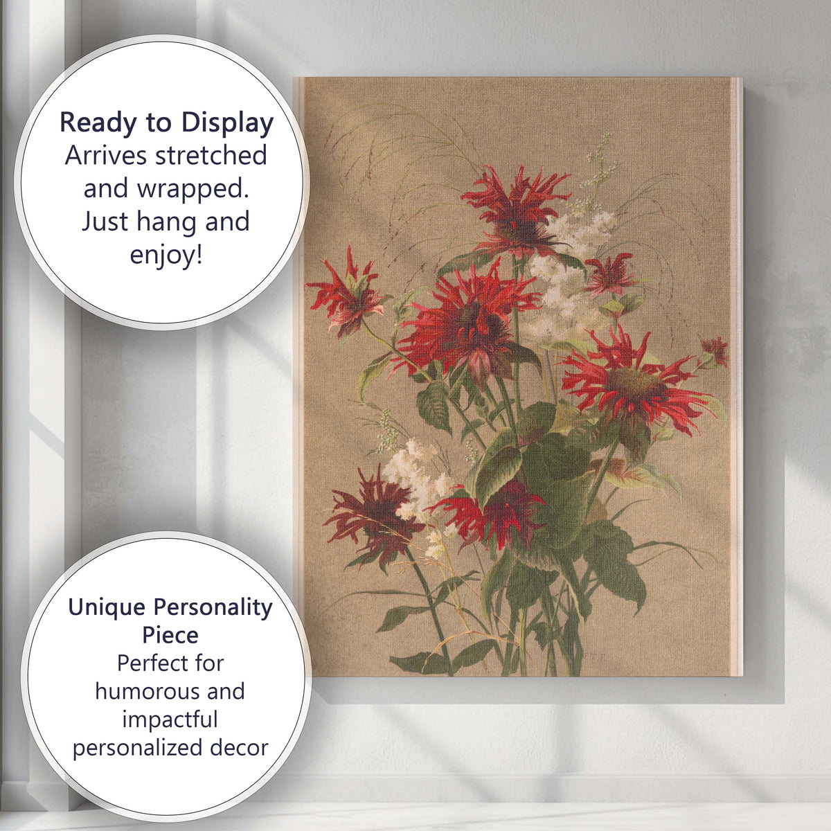 Rich Red Bee Balm Wildflower Botanical Arrangement Canvas Wall Art Print Decor Picture Ready to Hang