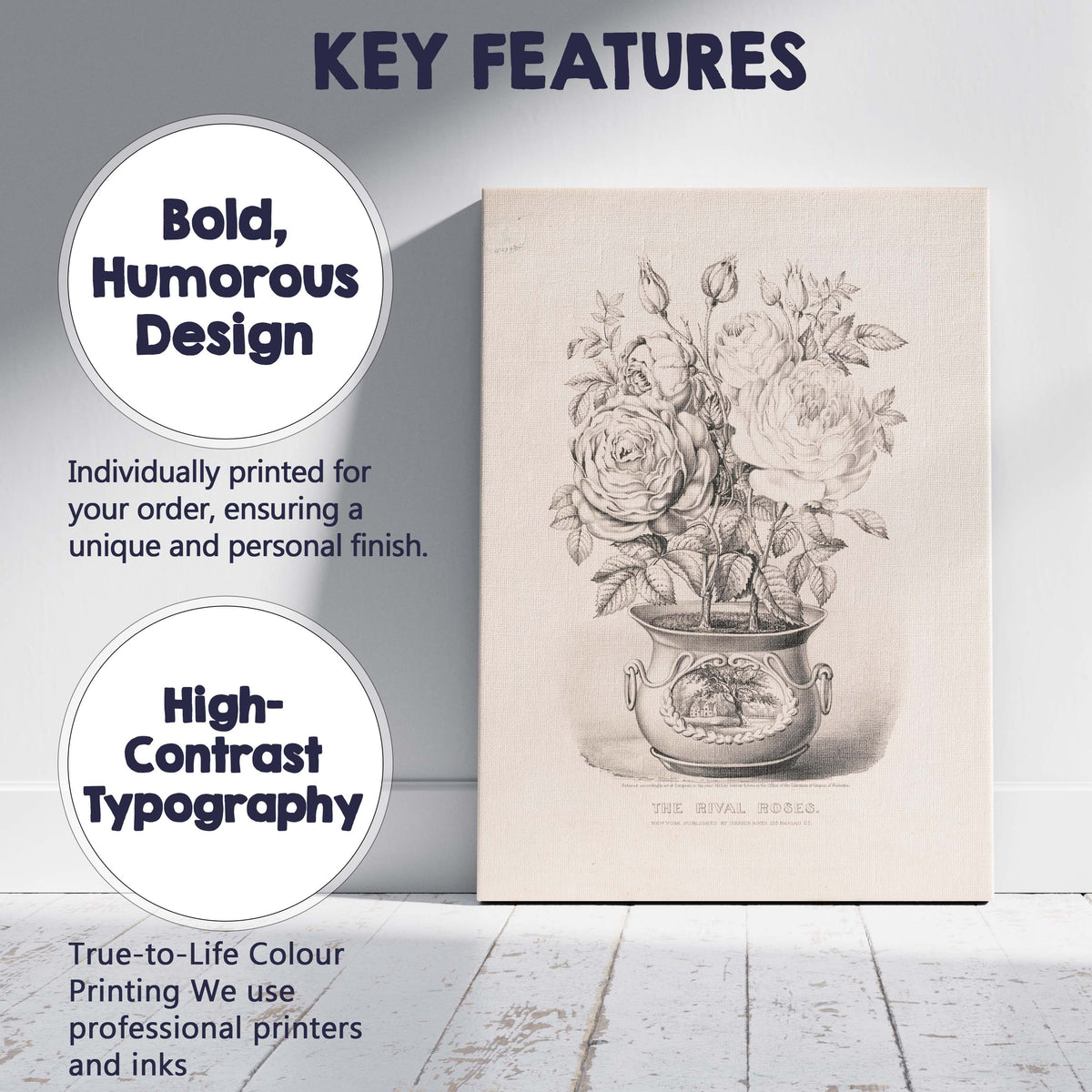 Victorian Rival Roses Potted Botanical Engraving Canvas Wall Art Print Decor Picture Ready to Hang