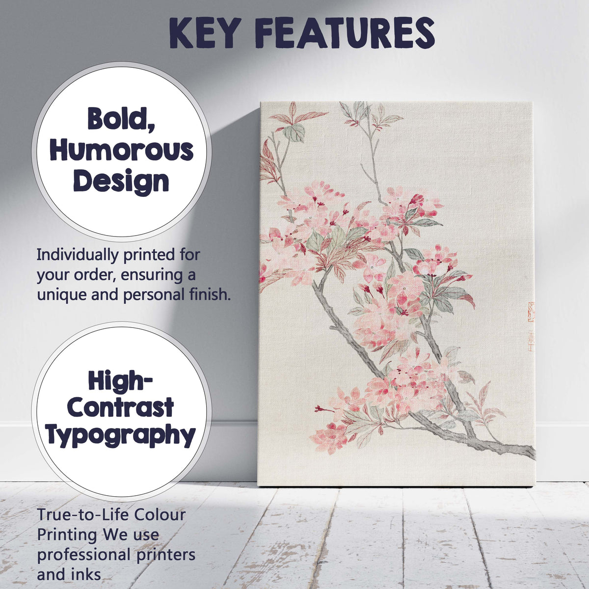 Soft Pink Cherry Blossom Branch Oriental Botanical Canvas Wall Art Print Decor Picture Ready to Hang