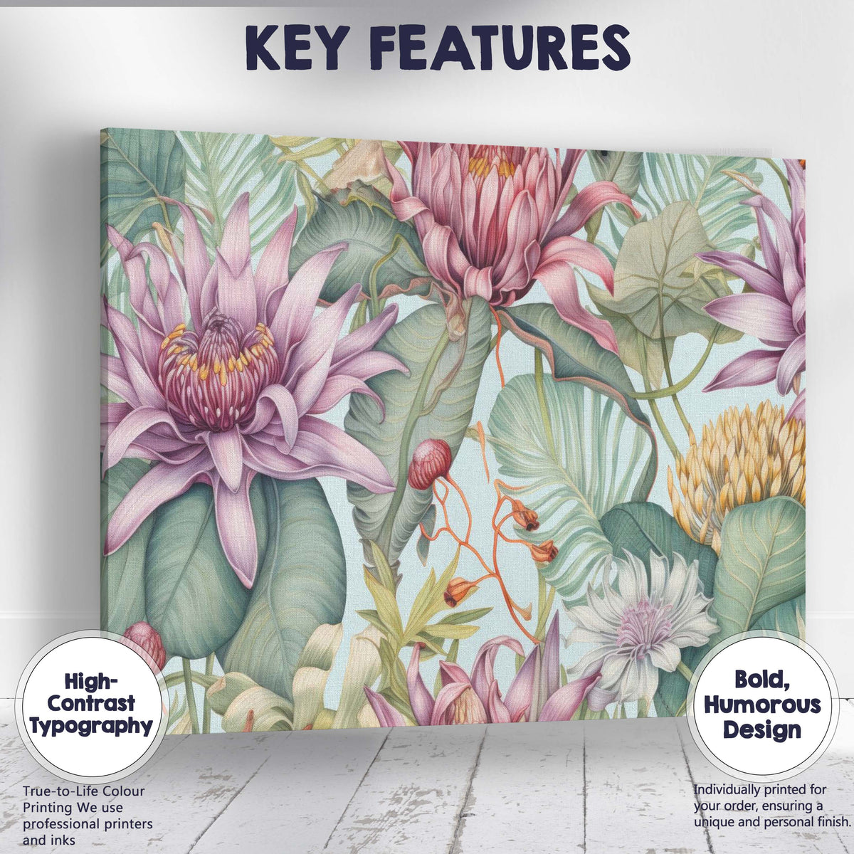 Pastel Tropical Floral Botanical Wallpaper Style Canvas Wall Art Print Decor Picture Ready to Hang