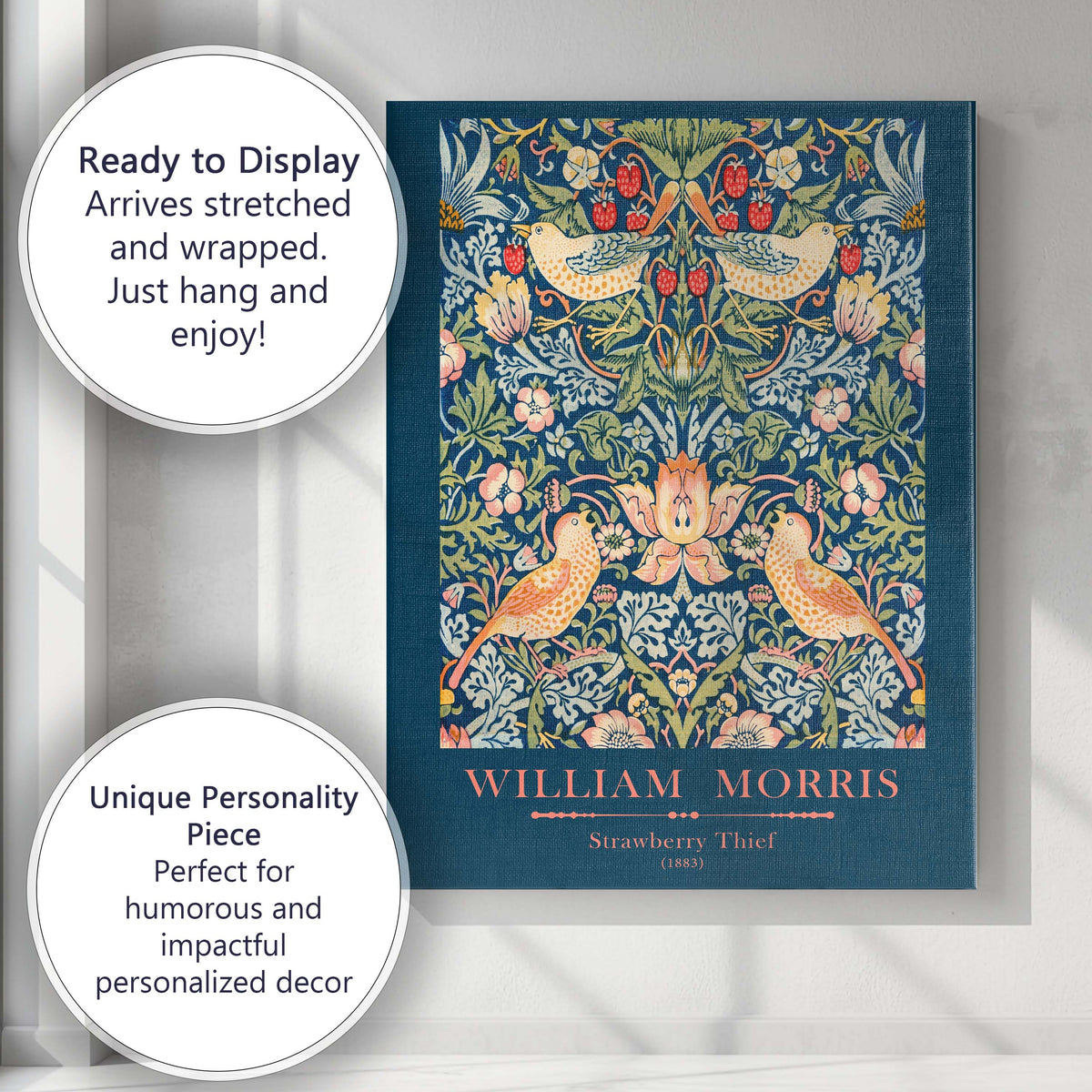 Navy Blue William Morris Strawberry Thief Bird and Floral Pattern Canvas Wall Art Print Decor Picture Ready to Hang