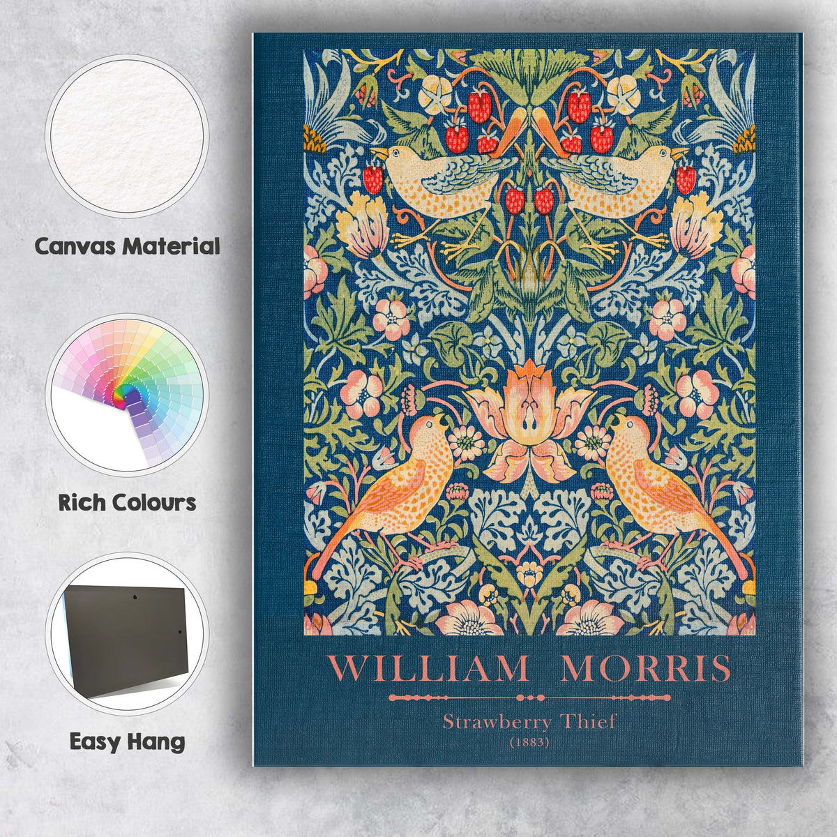 Navy Blue William Morris Strawberry Thief Bird and Floral Pattern Canvas Wall Art Print Decor Picture Ready to Hang