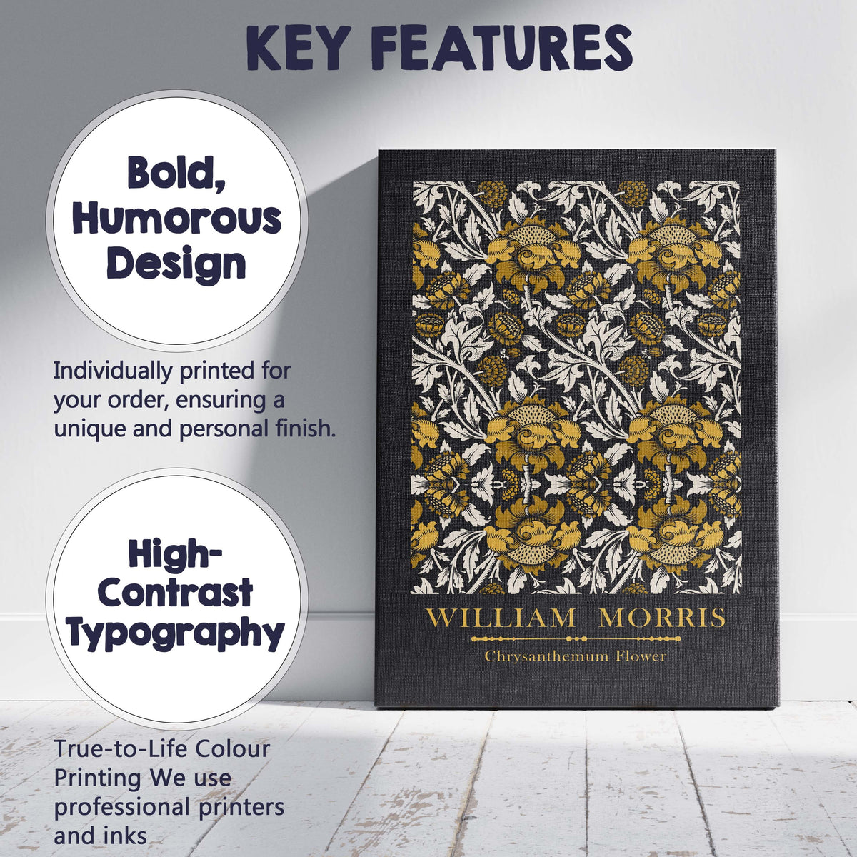 Black and Gold Chrysanthemum Floral William Morris Inspired Pattern Canvas Wall Art Print Decor Picture Ready to Hang