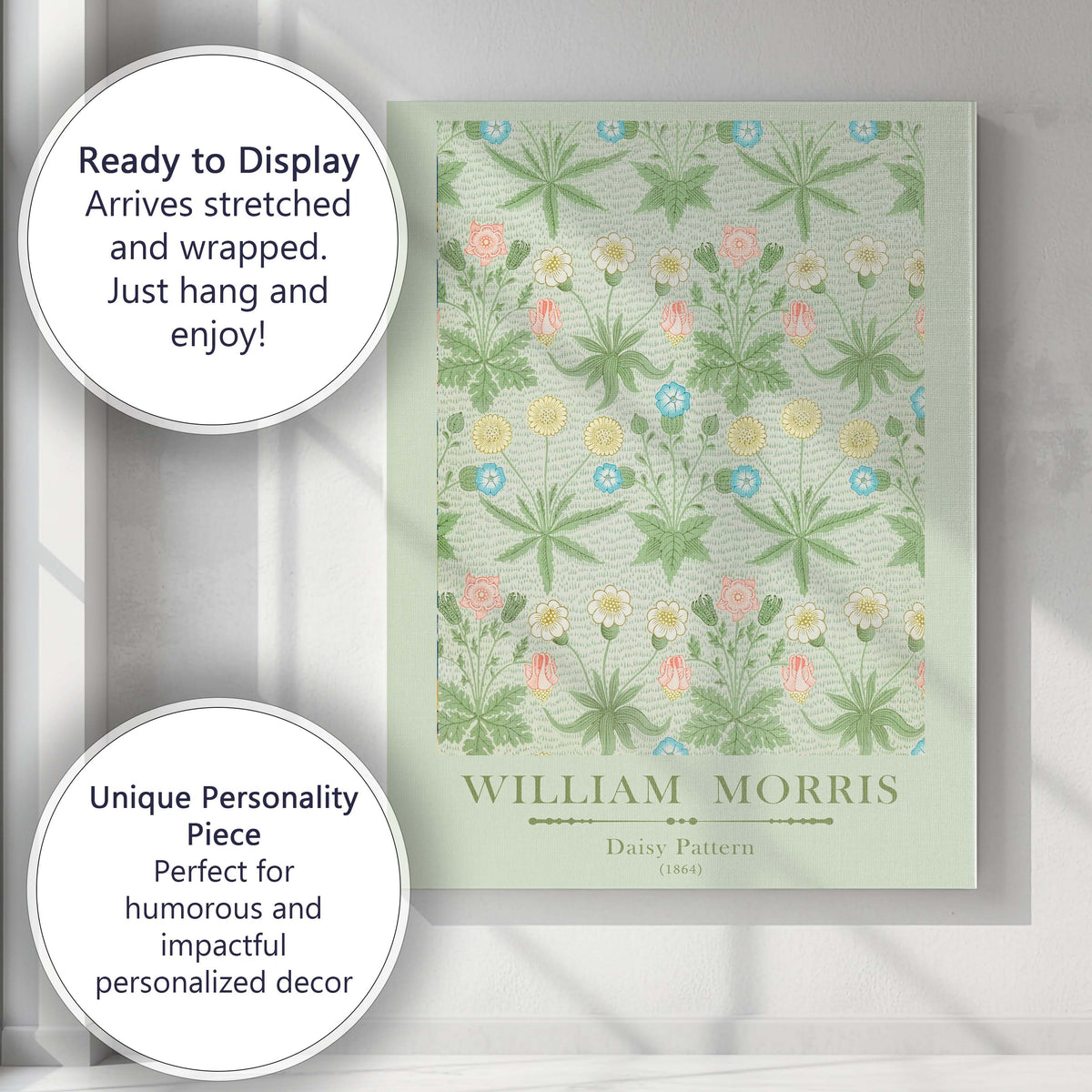 William Morris Daisy Meadow Floral Repeat Sage Green Pattern Canvas Wall Art Print Decor Picture Ready to Hang