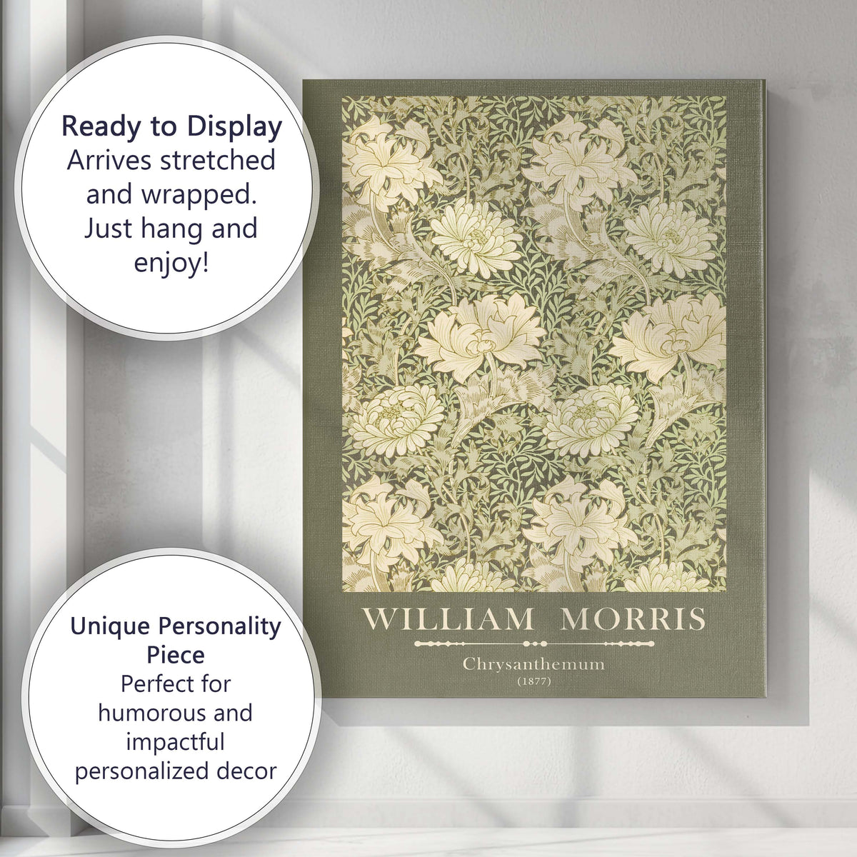 Sage Green Chrysanthemum Floral Arts and Crafts Botanical Repeat Pattern Canvas Wall Art Print Decor Picture Ready to Hang