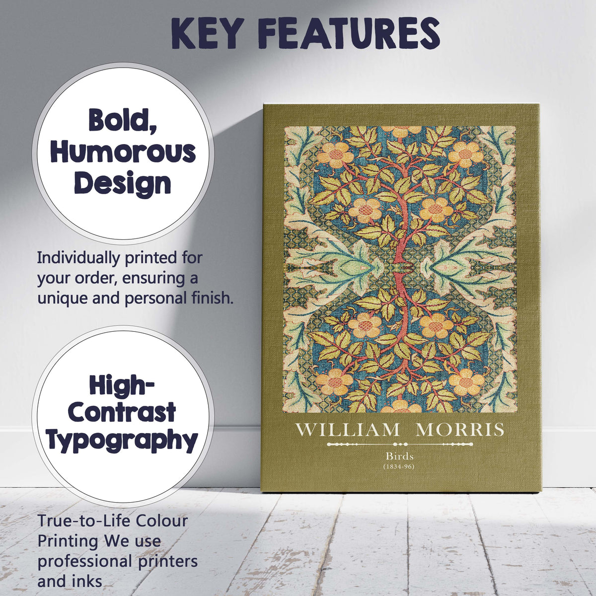 Olive Green Birds Woodland Floral Tapestry Arts and Crafts Design Canvas Wall Art Print Decor Picture Ready to Hang