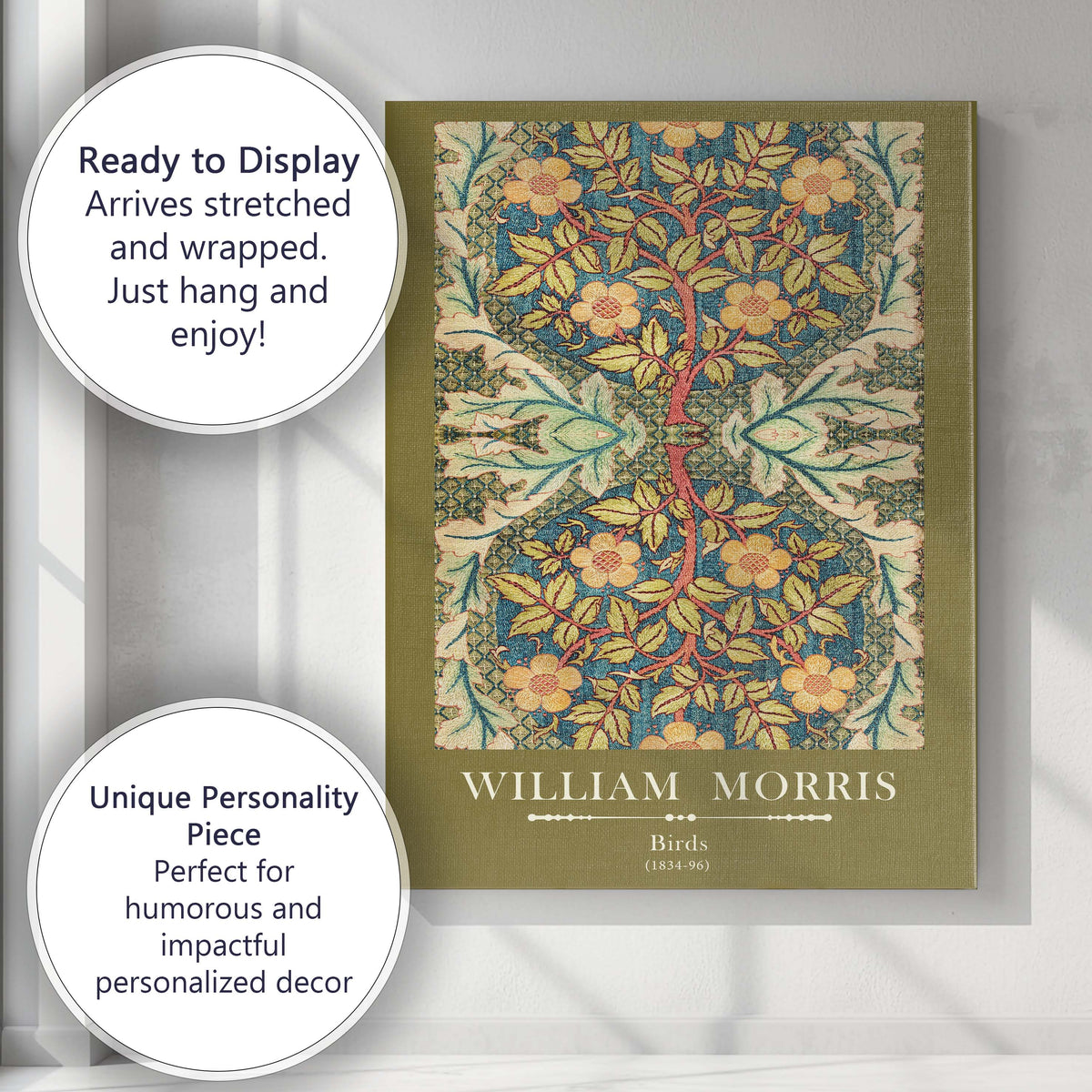 Olive Green Birds Woodland Floral Tapestry Arts and Crafts Design Canvas Wall Art Print Decor Picture Ready to Hang