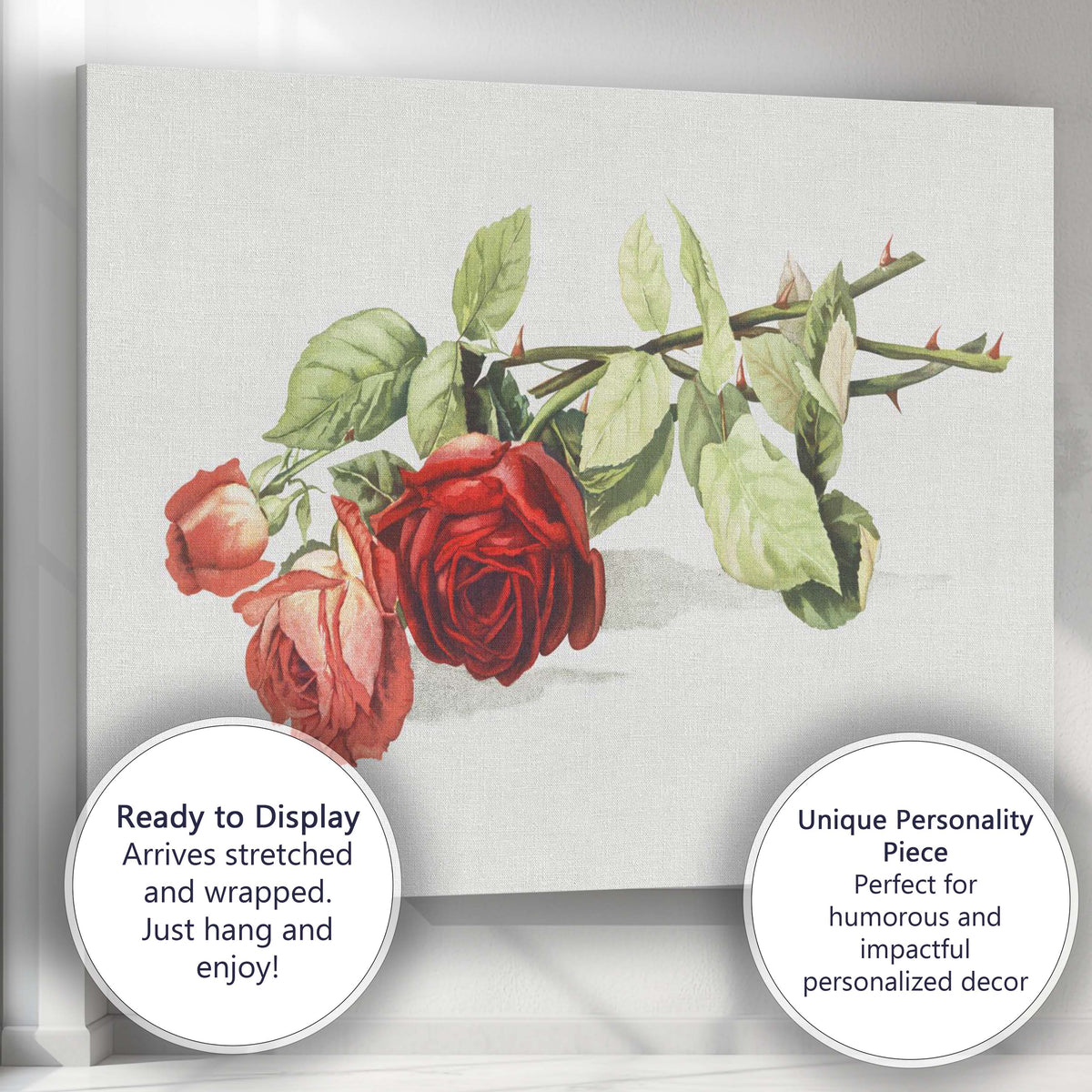 Romantic Red Rose Botanical Watercolour Flower Study Canvas Wall Art Print Decor Picture Ready to Hang
