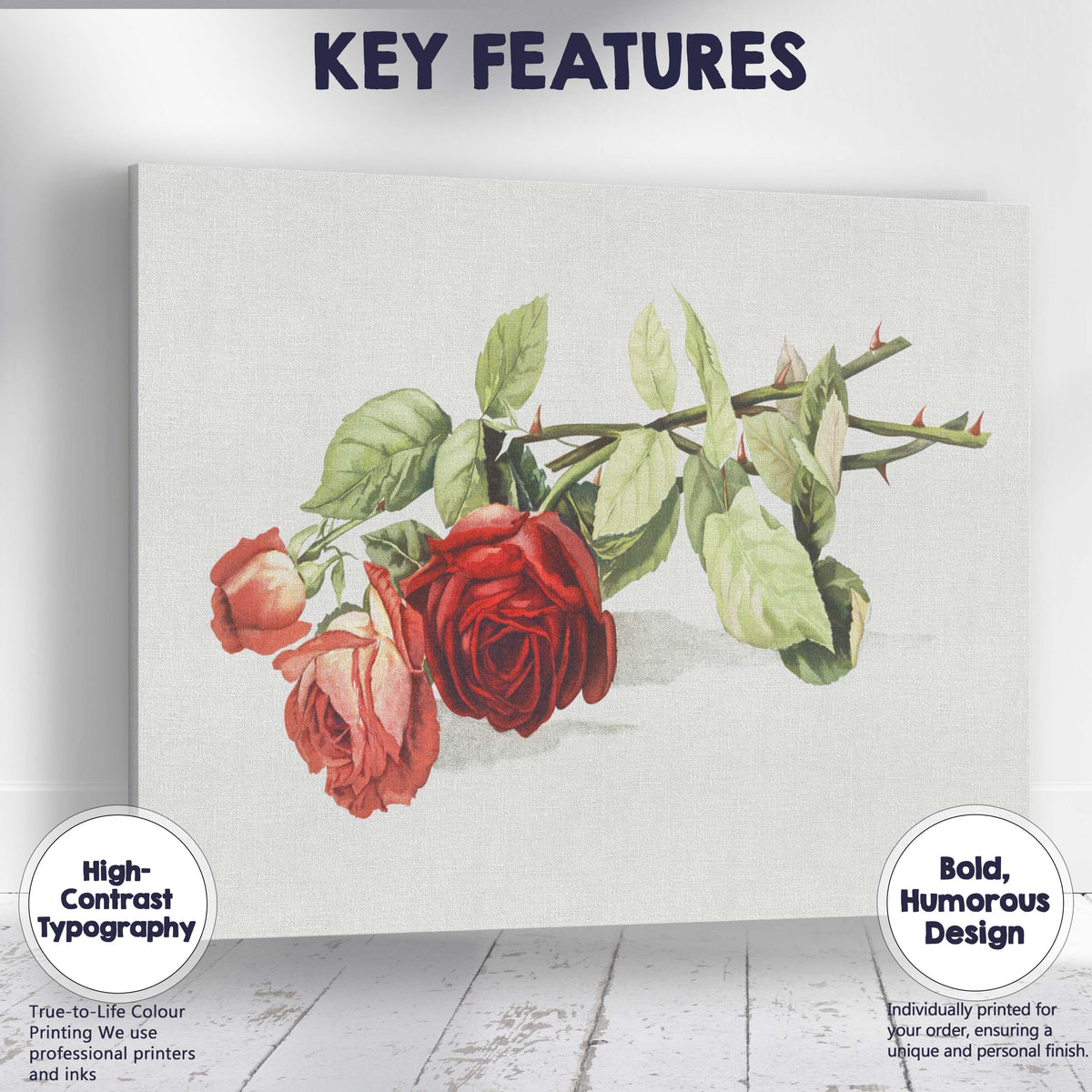 Romantic Red Rose Botanical Watercolour Flower Study Canvas Wall Art Print Decor Picture Ready to Hang