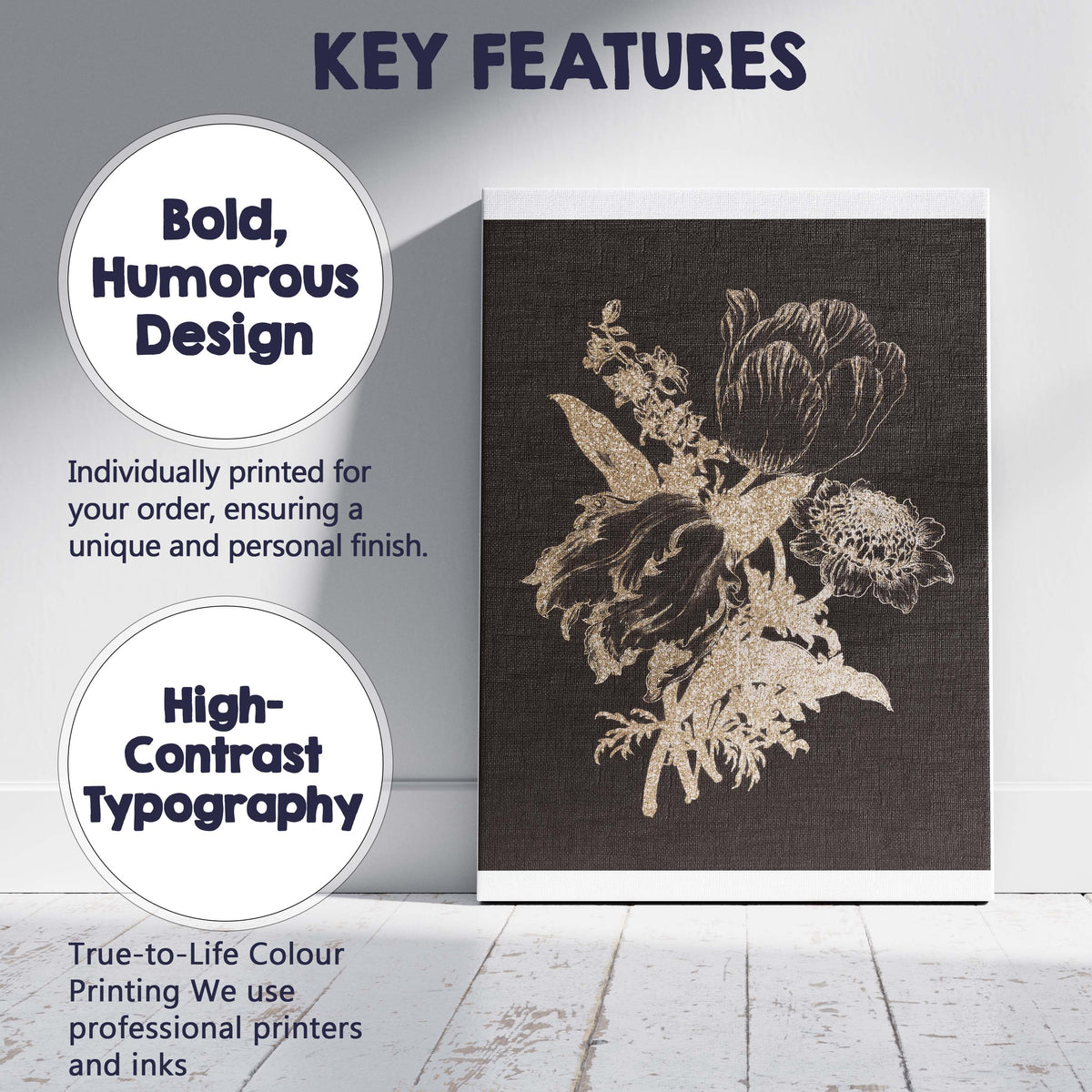 Black Gold Floral Bouquet Botanical Silhouette Artwork Canvas Wall Art Print Decor Picture Ready to Hang