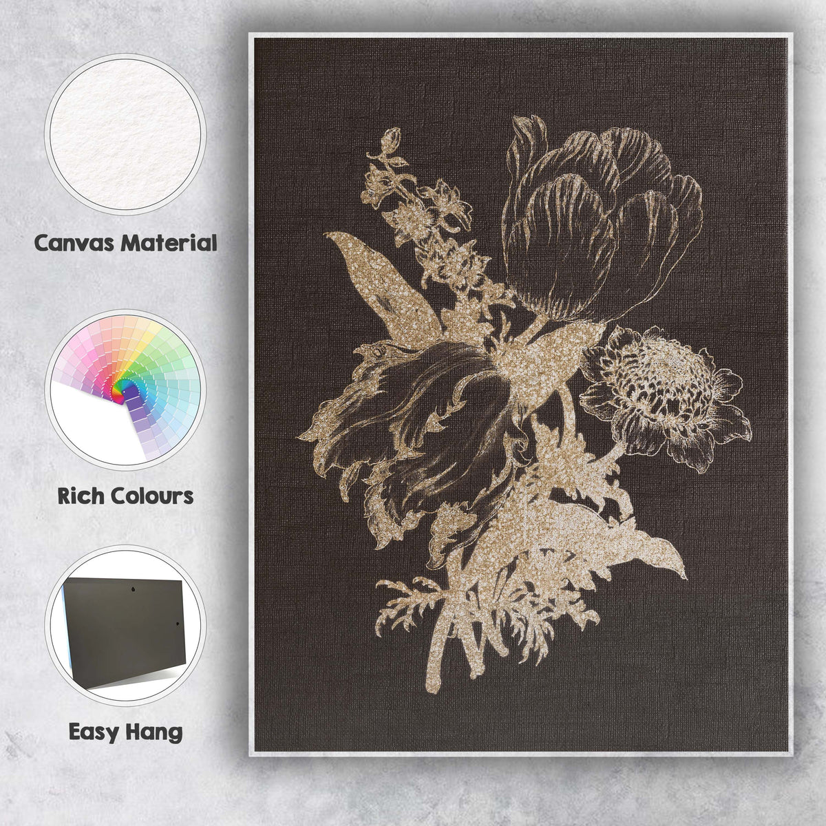 Black Gold Floral Bouquet Botanical Silhouette Artwork Canvas Wall Art Print Decor Picture Ready to Hang