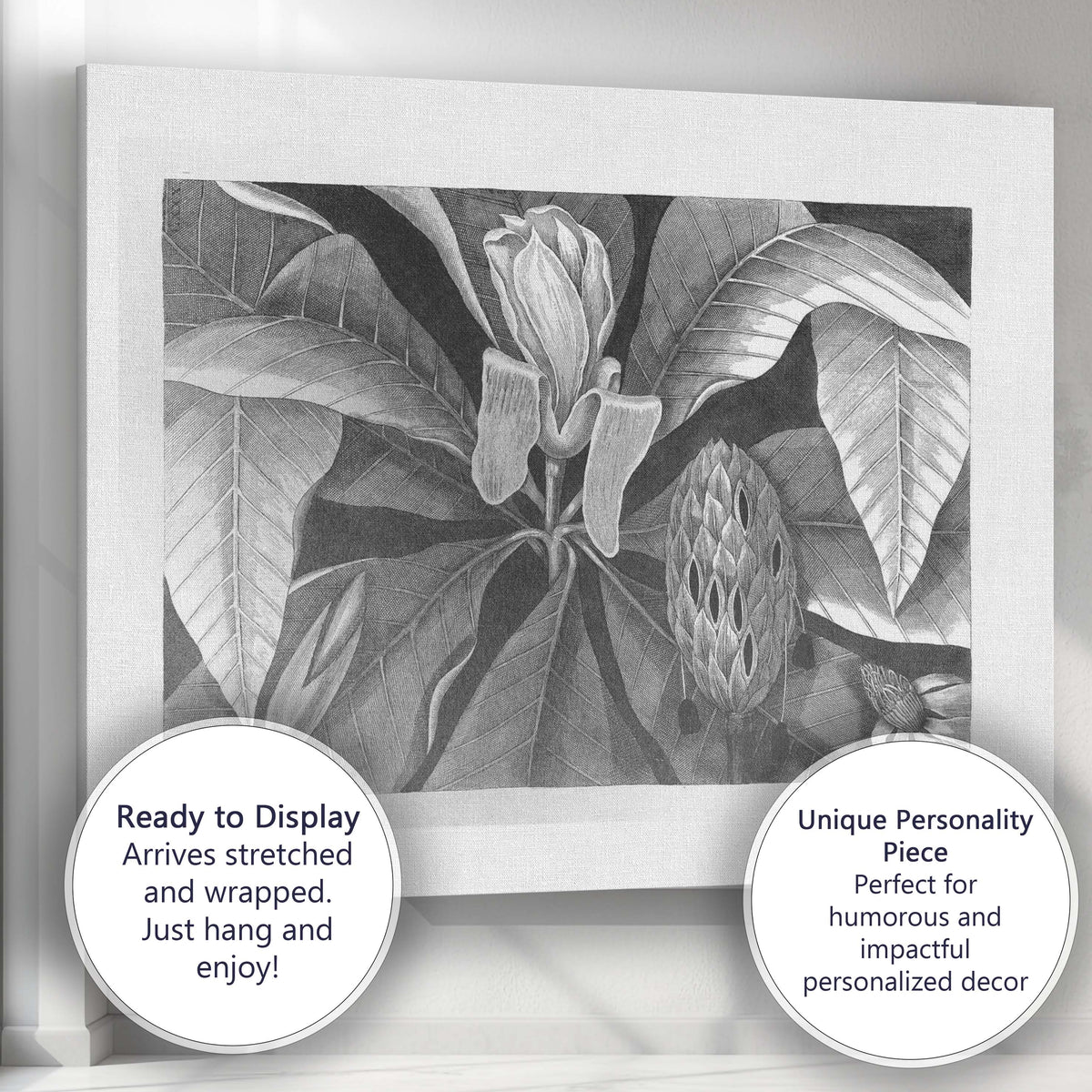 Monochrome Magnolia Flower and Leaf Botanical Engraving Canvas Wall Art Print Decor Picture Ready to Hang
