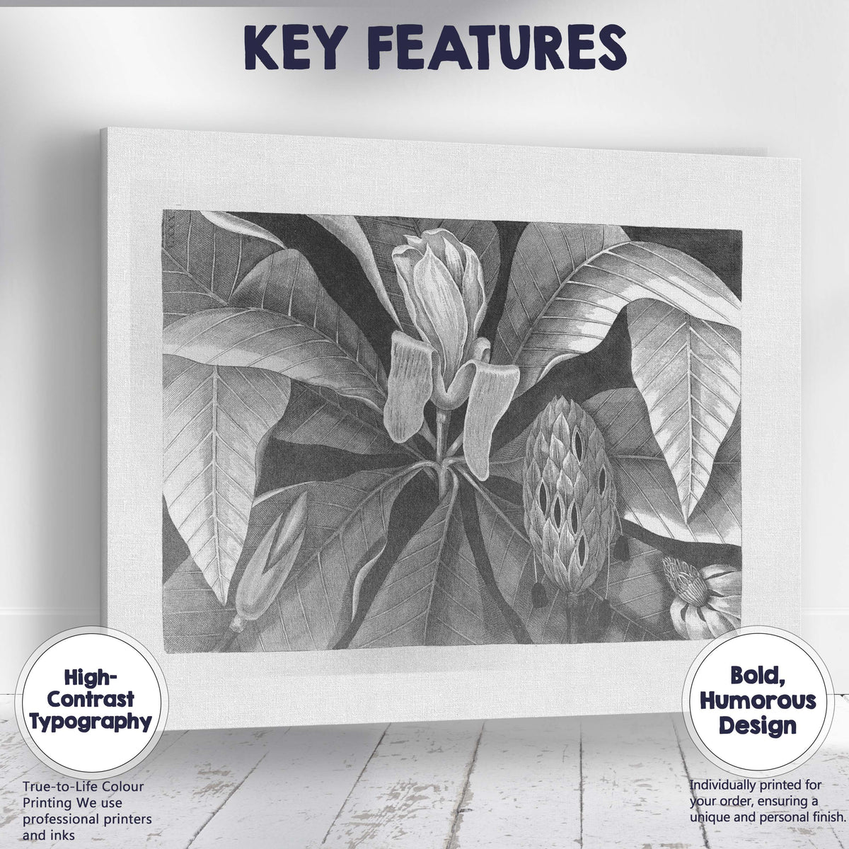 Monochrome Magnolia Flower and Leaf Botanical Engraving Canvas Wall Art Print Decor Picture Ready to Hang