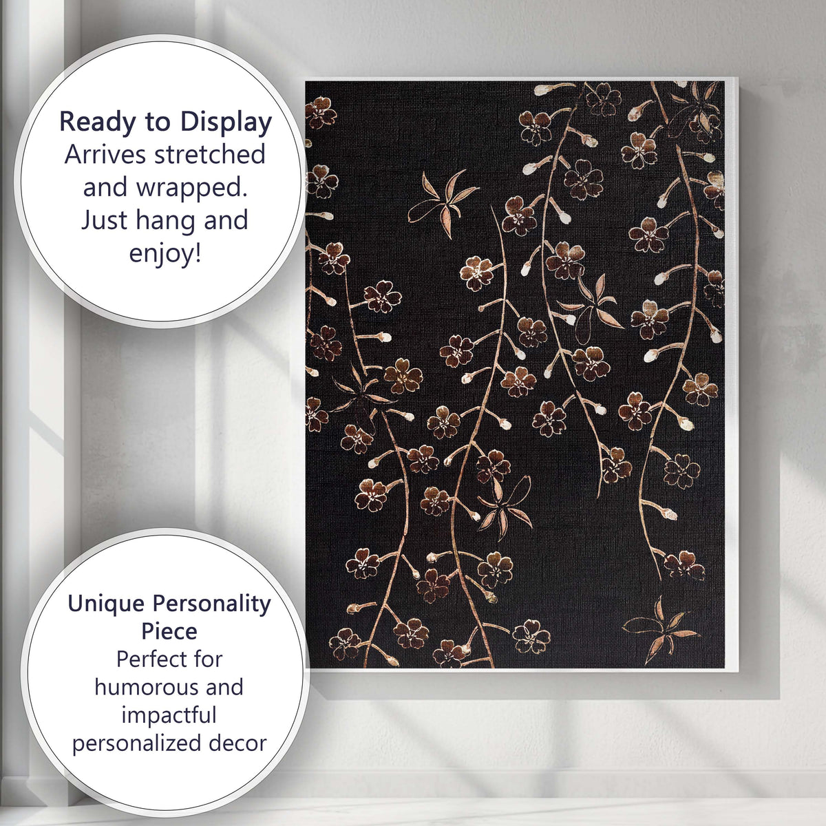 Black And Rose Gold Cherry Blossom Branch Floral Pattern Canvas Wall Art Print Decor Picture Ready to Hang