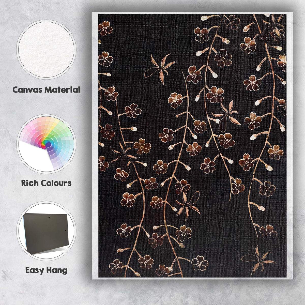 Black And Rose Gold Cherry Blossom Branch Floral Pattern Canvas Wall Art Print Decor Picture Ready to Hang