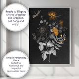 Black Gold Floral Botanical Arrangement Dragonfly Illustration Canvas Wall Art Print Decor Picture Ready to Hang