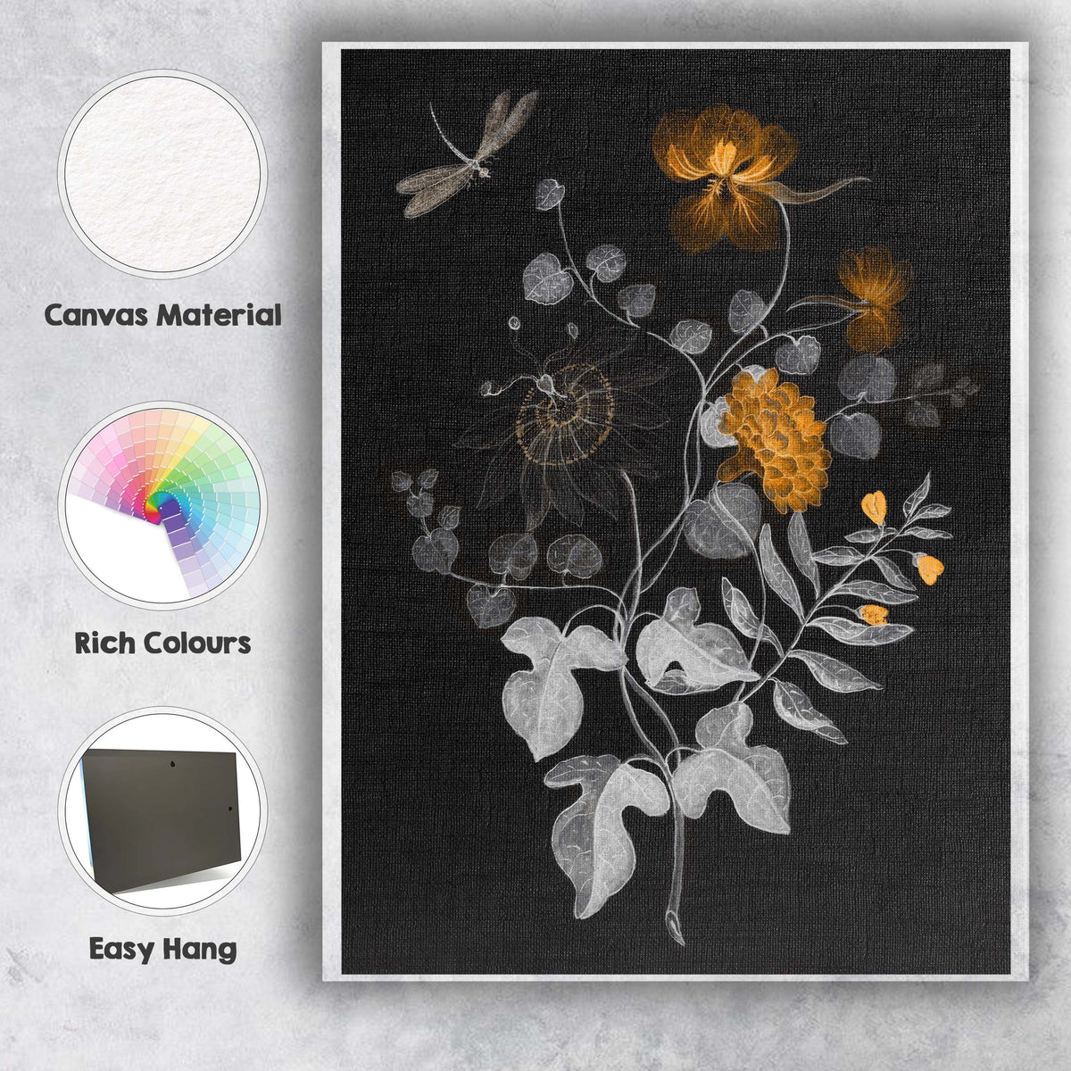 Black Gold Floral Botanical Arrangement Dragonfly Illustration Canvas Wall Art Print Decor Picture Ready to Hang