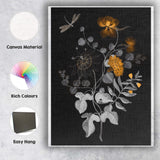 Black Gold Floral Botanical Arrangement Dragonfly Illustration Canvas Wall Art Print Decor Picture Ready to Hang
