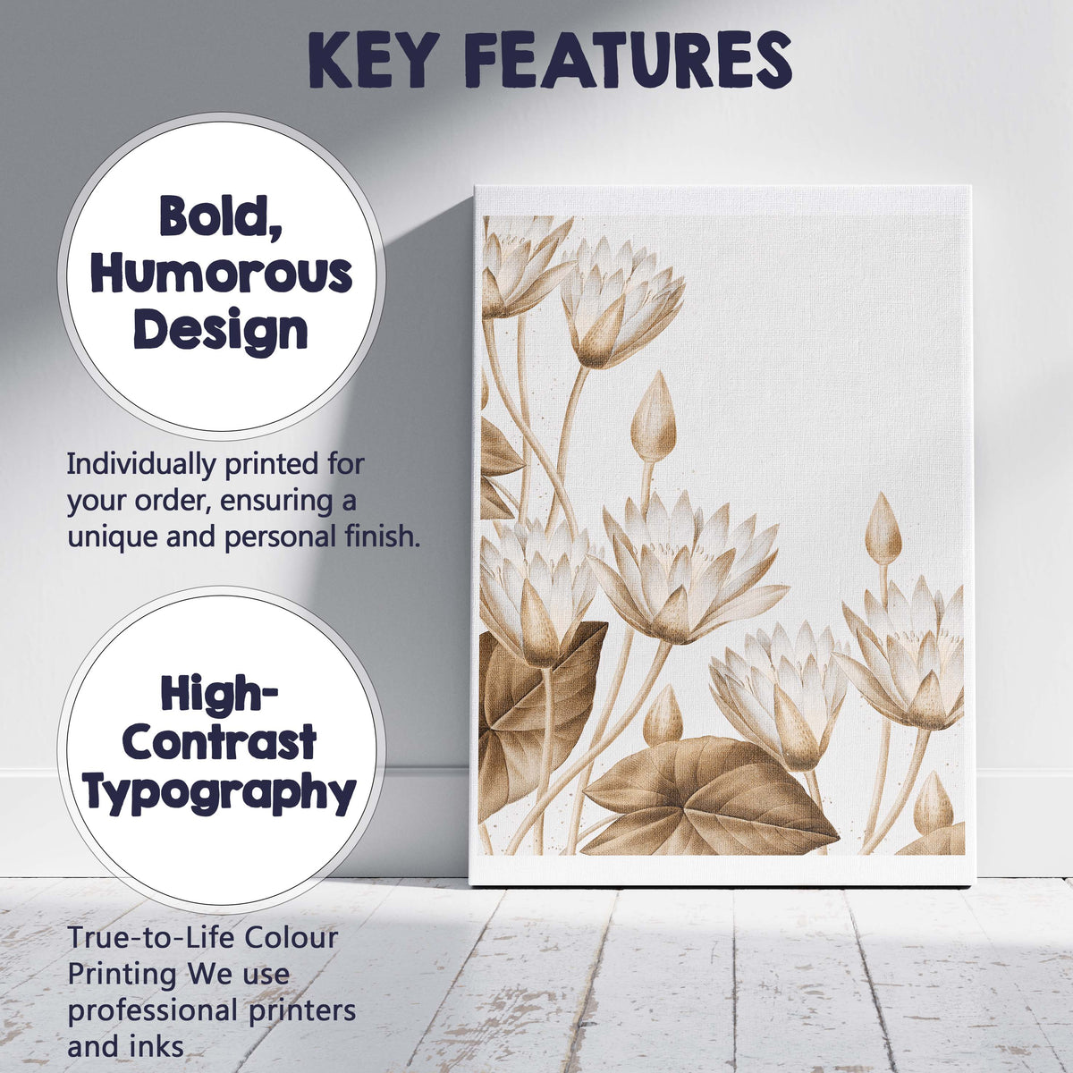 Neutral Beige Water Lily Botanical Floral Illustration Canvas Wall Art Print Decor Picture Ready to Hang