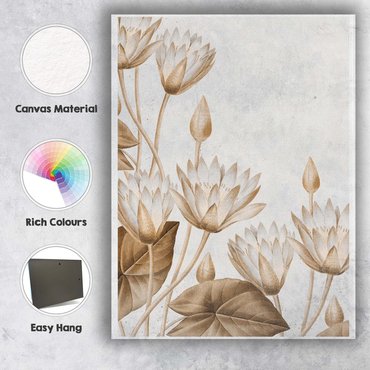 Neutral Beige Water Lily Botanical Floral Illustration Canvas Wall Art Print Decor Picture Ready to Hang