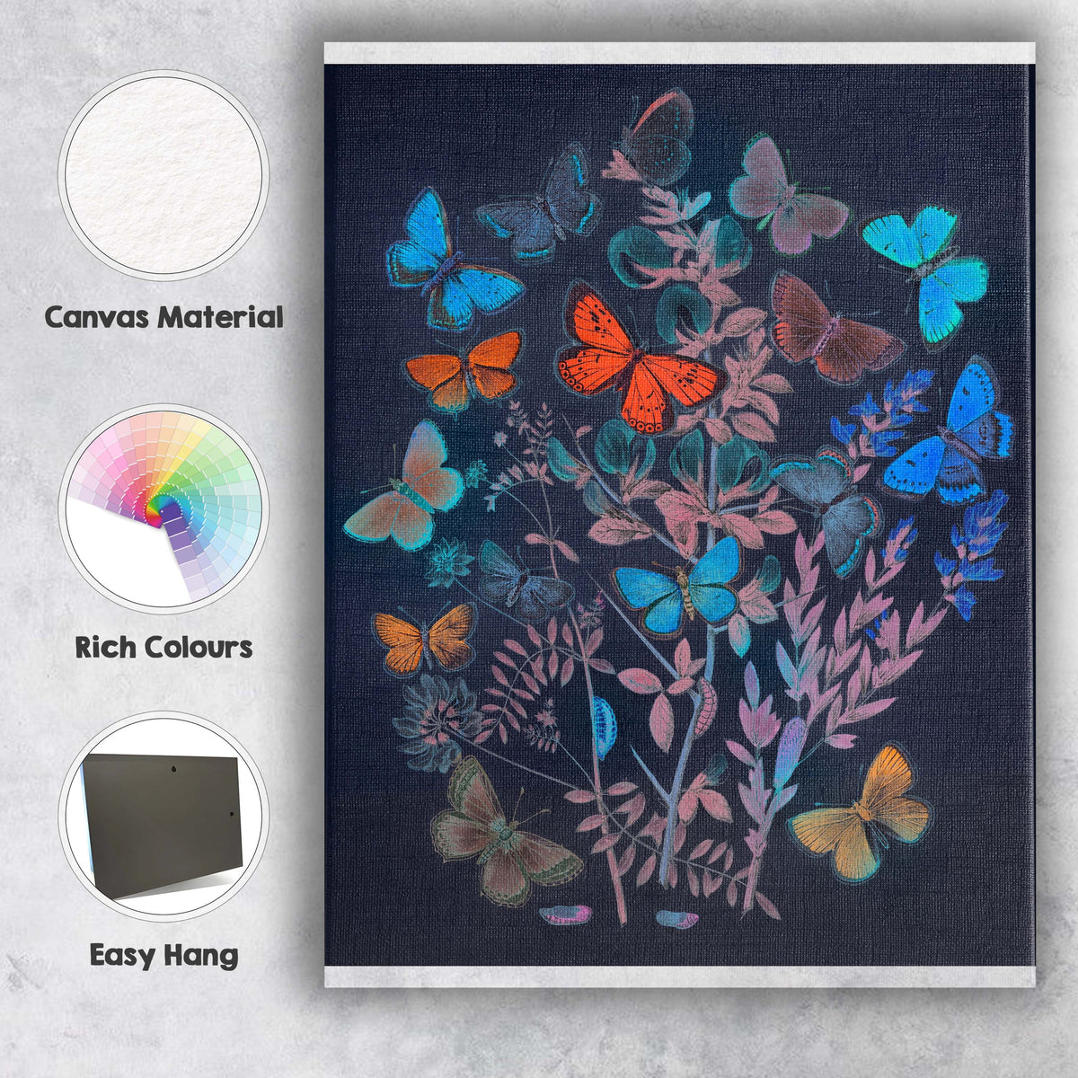 Colourful Butterflies Wildflower Botanical Collection On Dark Background Canvas Wall Art Print Decor Picture Ready to Hang