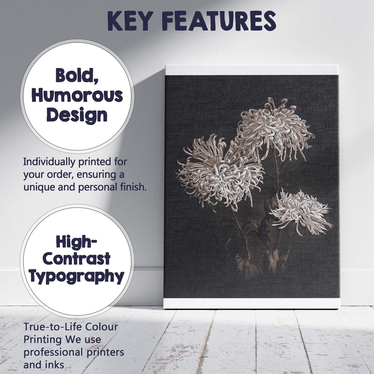White Chrysanthemum Floral Botanical Illustration Dark Background Canvas Wall Art Print Decor Picture Ready to Hang