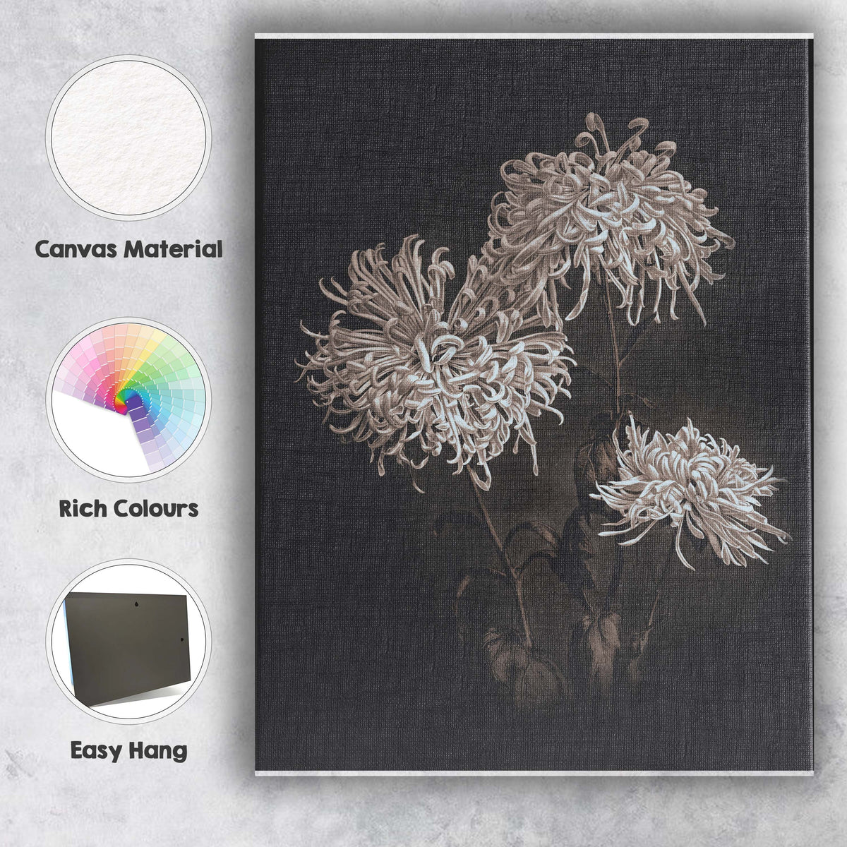 White Chrysanthemum Floral Botanical Illustration Dark Background Canvas Wall Art Print Decor Picture Ready to Hang