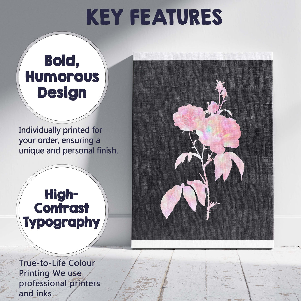 Soft Pink Rose Bloom Iridescent Botanical Illustration Canvas Wall Art Print Decor Picture Ready to Hang