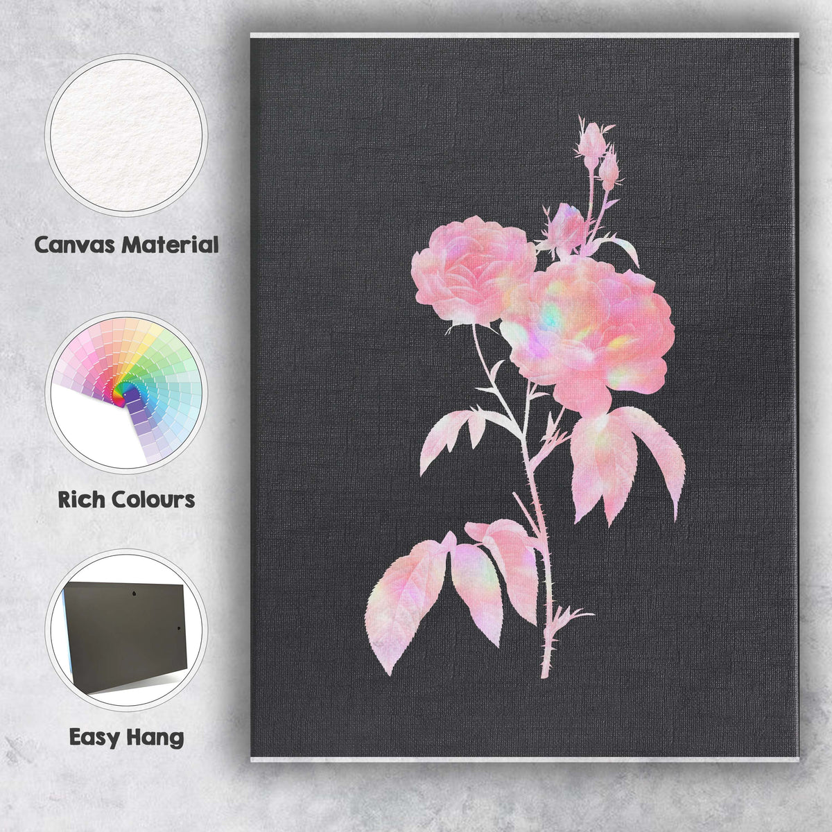 Soft Pink Rose Bloom Iridescent Botanical Illustration Canvas Wall Art Print Decor Picture Ready to Hang