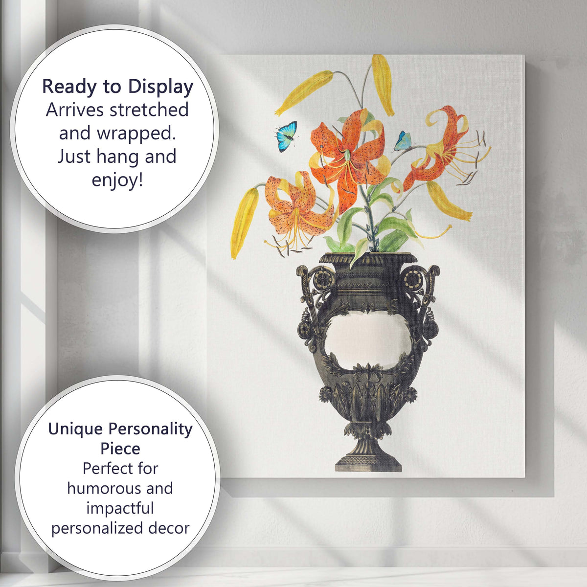 Orange Tiger Lily Flowers Ornate Antique Vase Botanical Canvas Wall Art Print Decor Picture Ready to Hang