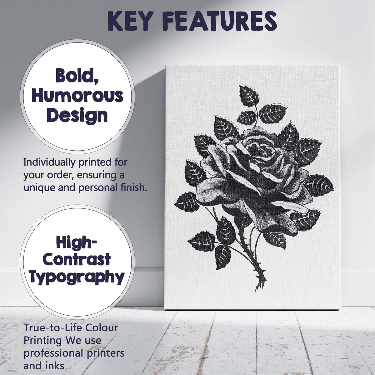 Black and White Rose Botanical Ink Illustration Canvas Wall Art Print Decor Picture Ready to Hang