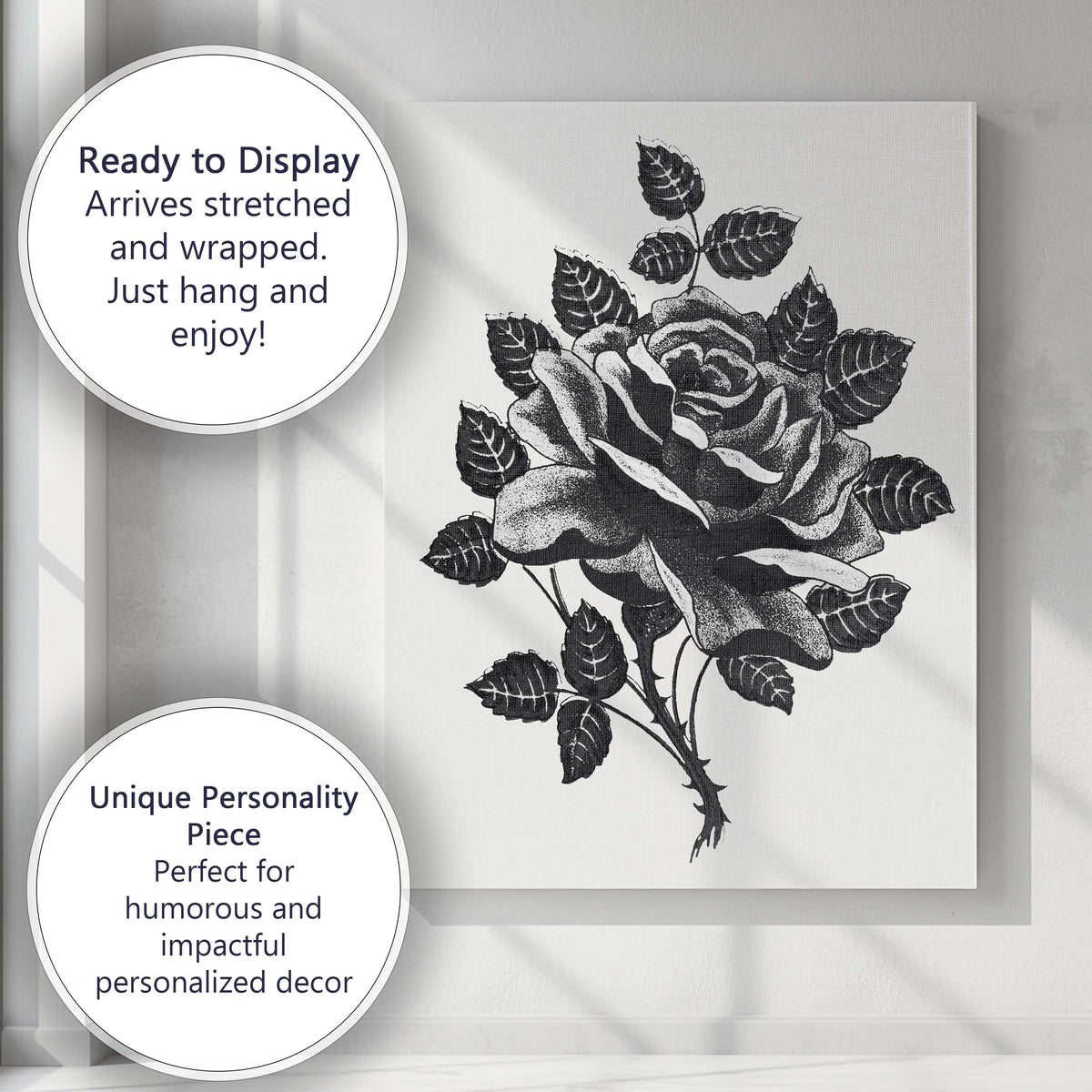 Black and White Rose Botanical Ink Illustration Canvas Wall Art Print Decor Picture Ready to Hang