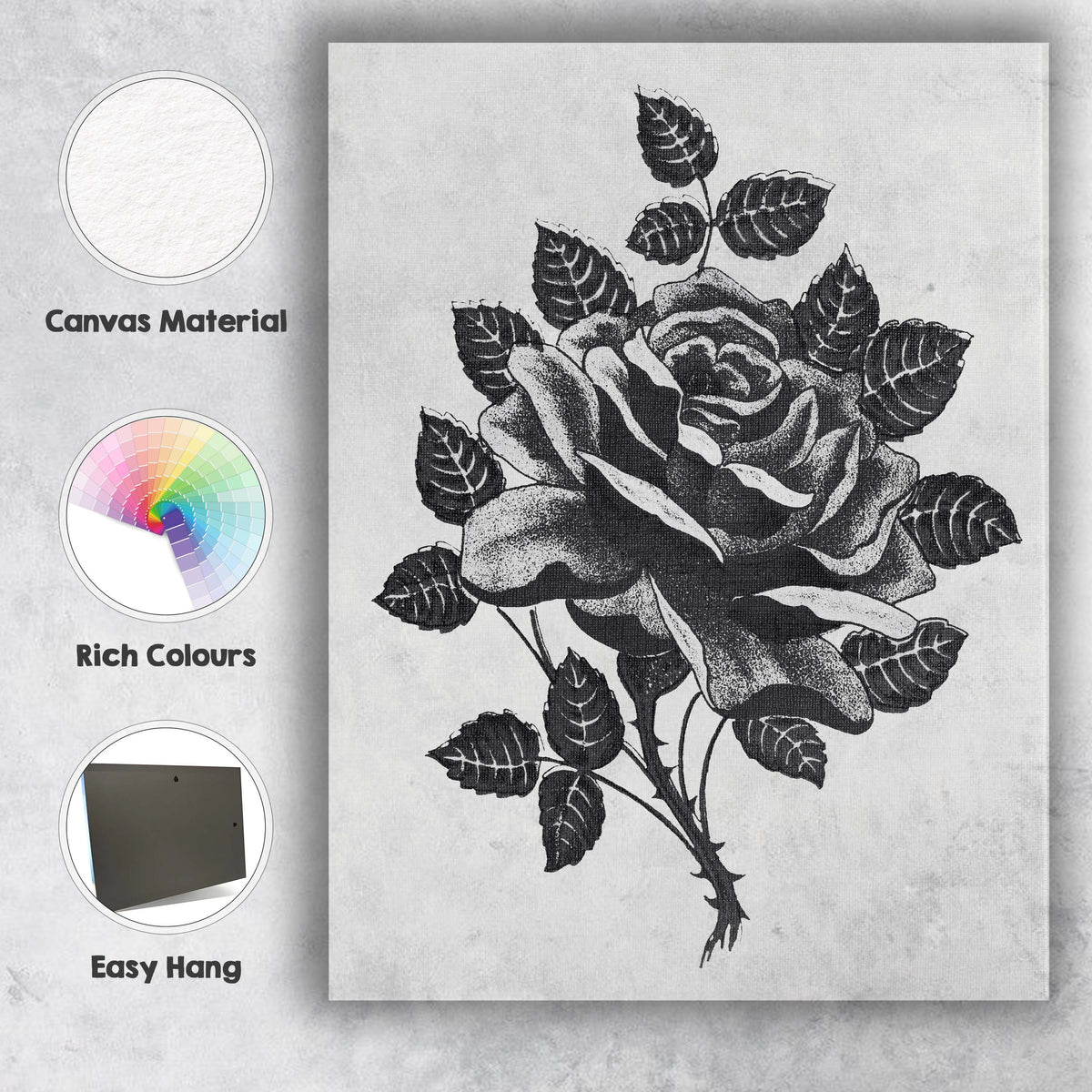 Black and White Rose Botanical Ink Illustration Canvas Wall Art Print Decor Picture Ready to Hang