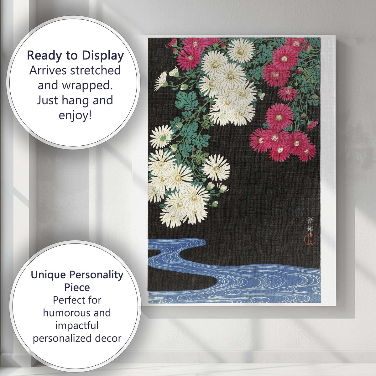 Japanese Chrysanthemum Floral Water Garden Woodblock Style Canvas Wall Art Print Decor Picture Ready to Hang