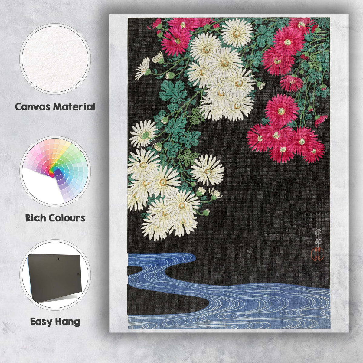 Japanese Chrysanthemum Floral Water Garden Woodblock Style Canvas Wall Art Print Decor Picture Ready to Hang