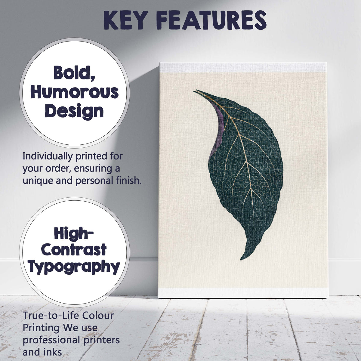 Dark Teal Skeleton Leaf Gold Vein Botanical Minimalist Canvas Wall Art Print Decor Picture Ready to Hang