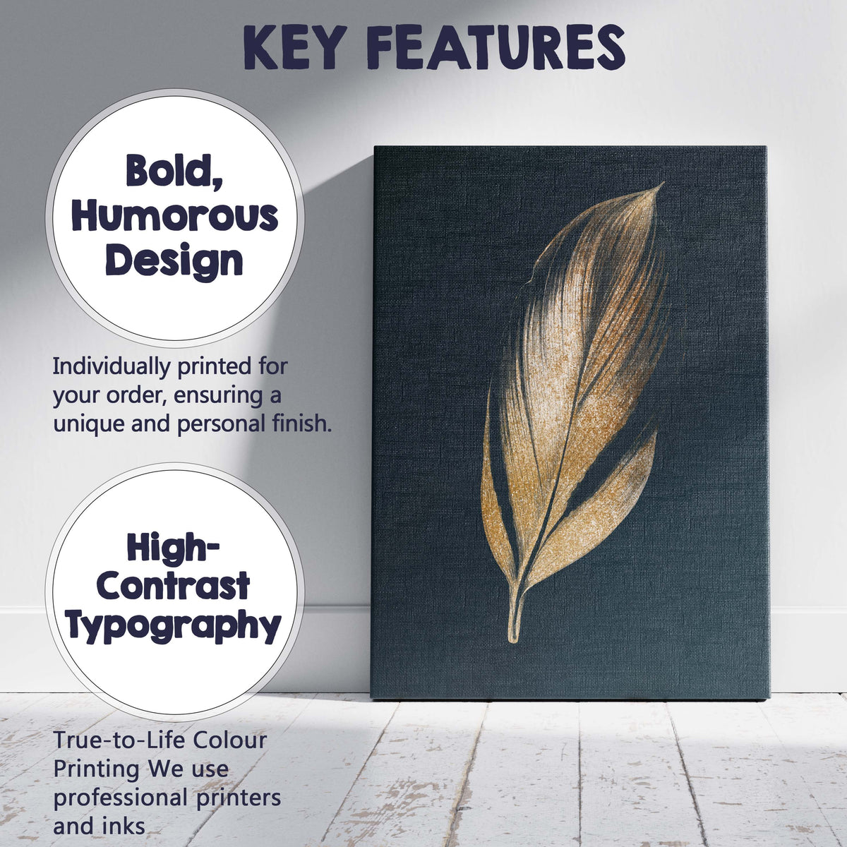 Golden Tropical Leaf on Deep Navy Background Contemporary Botanical Canvas Wall Art Print Decor Picture Ready to Hang