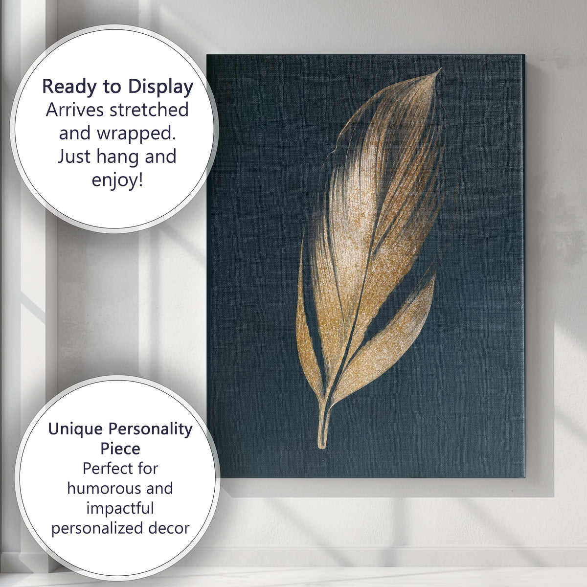 Golden Tropical Leaf on Deep Navy Background Contemporary Botanical Canvas Wall Art Print Decor Picture Ready to Hang