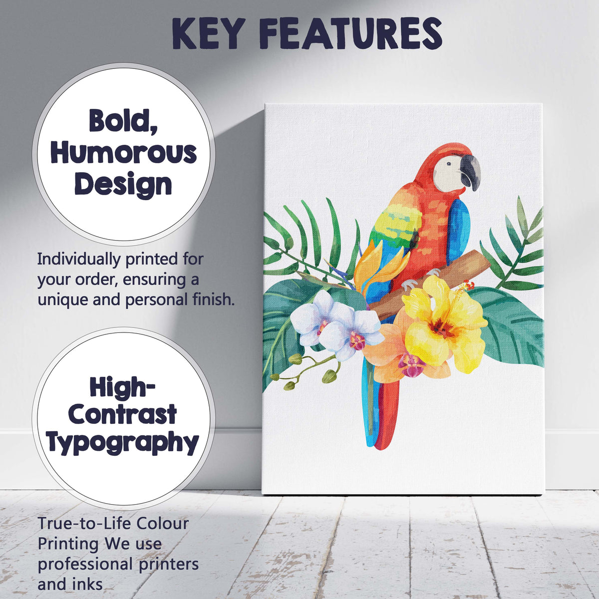 Tropical Scarlet Macaw Parrot Exotic Flowers Jungle Foliage Watercolour Canvas Wall Art Print Decor Picture Ready to Hang