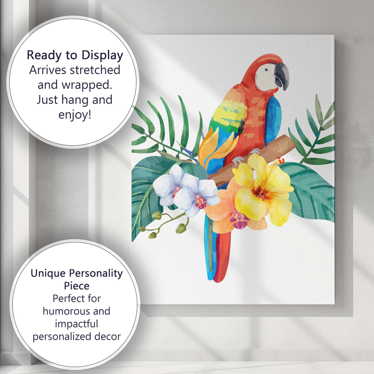 Tropical Scarlet Macaw Parrot Exotic Flowers Jungle Foliage Watercolour Canvas Wall Art Print Decor Picture Ready to Hang