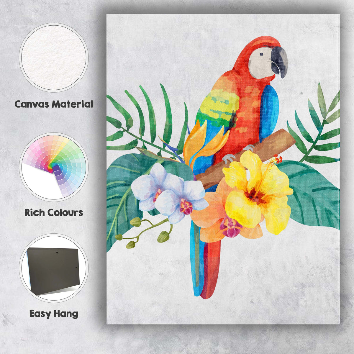 Tropical Scarlet Macaw Parrot Exotic Flowers Jungle Foliage Watercolour Canvas Wall Art Print Decor Picture Ready to Hang