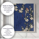 Japanese Songbird White Blossom Branch Woodblock Style Artwork Canvas Wall Art Print Decor Picture Ready to Hang