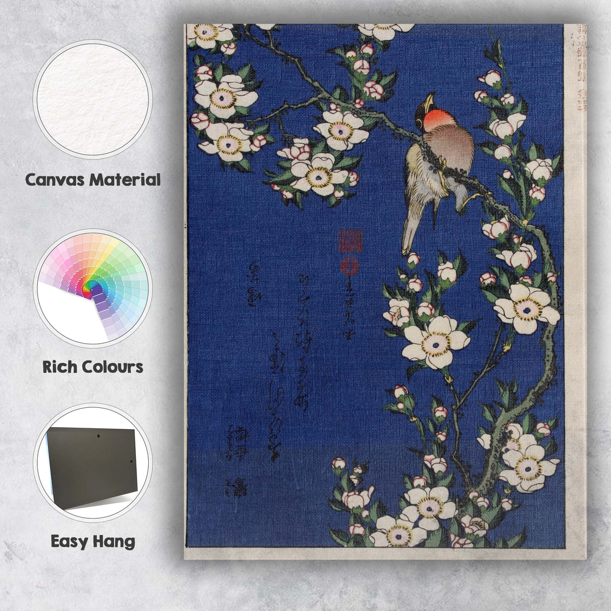 Japanese Songbird White Blossom Branch Woodblock Style Artwork Canvas Wall Art Print Decor Picture Ready to Hang