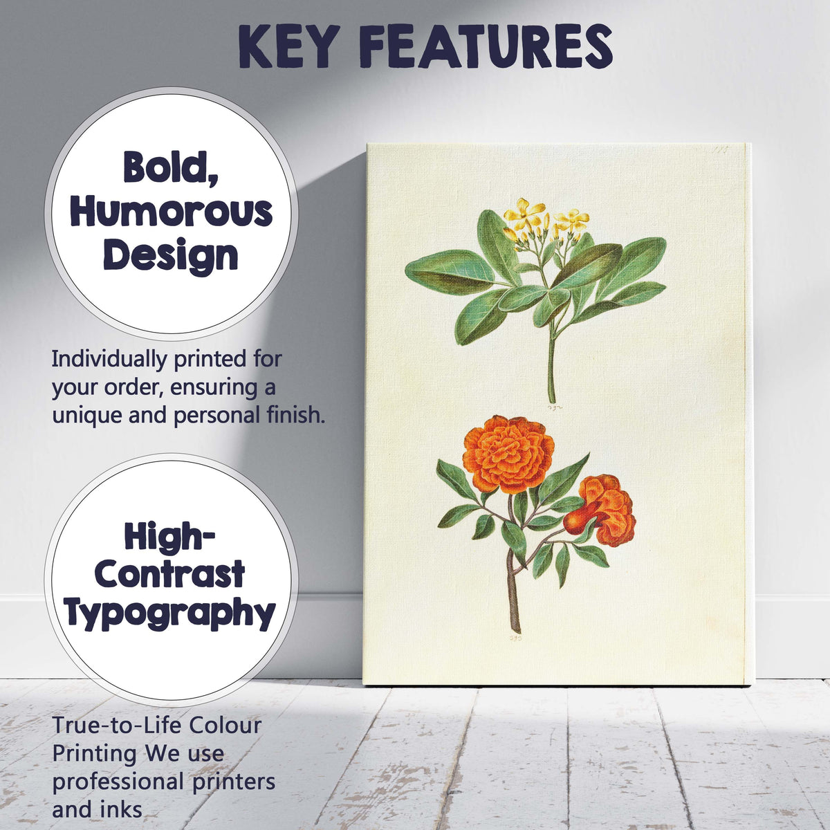 Antique Orange Rose Yellow Flower Botanical Illustration Canvas Wall Art Print Decor Picture Ready to Hang
