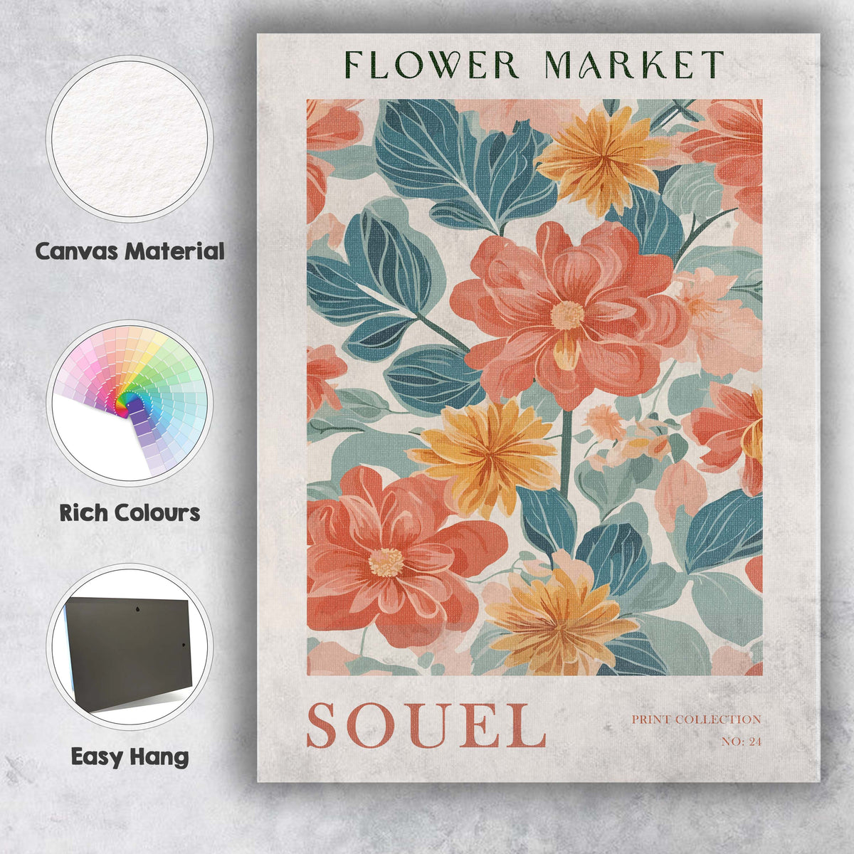 Coral Wildflower Pattern Scandinavian Floral Illustration Canvas Wall Art Print Decor Picture Ready to Hang