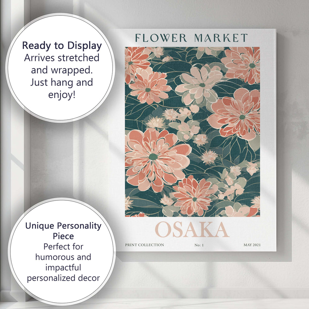 Peach Chrysanthemum Floral Pattern Dark Teal Botanical Design Canvas Wall Art Print Decor Picture Ready to Hang