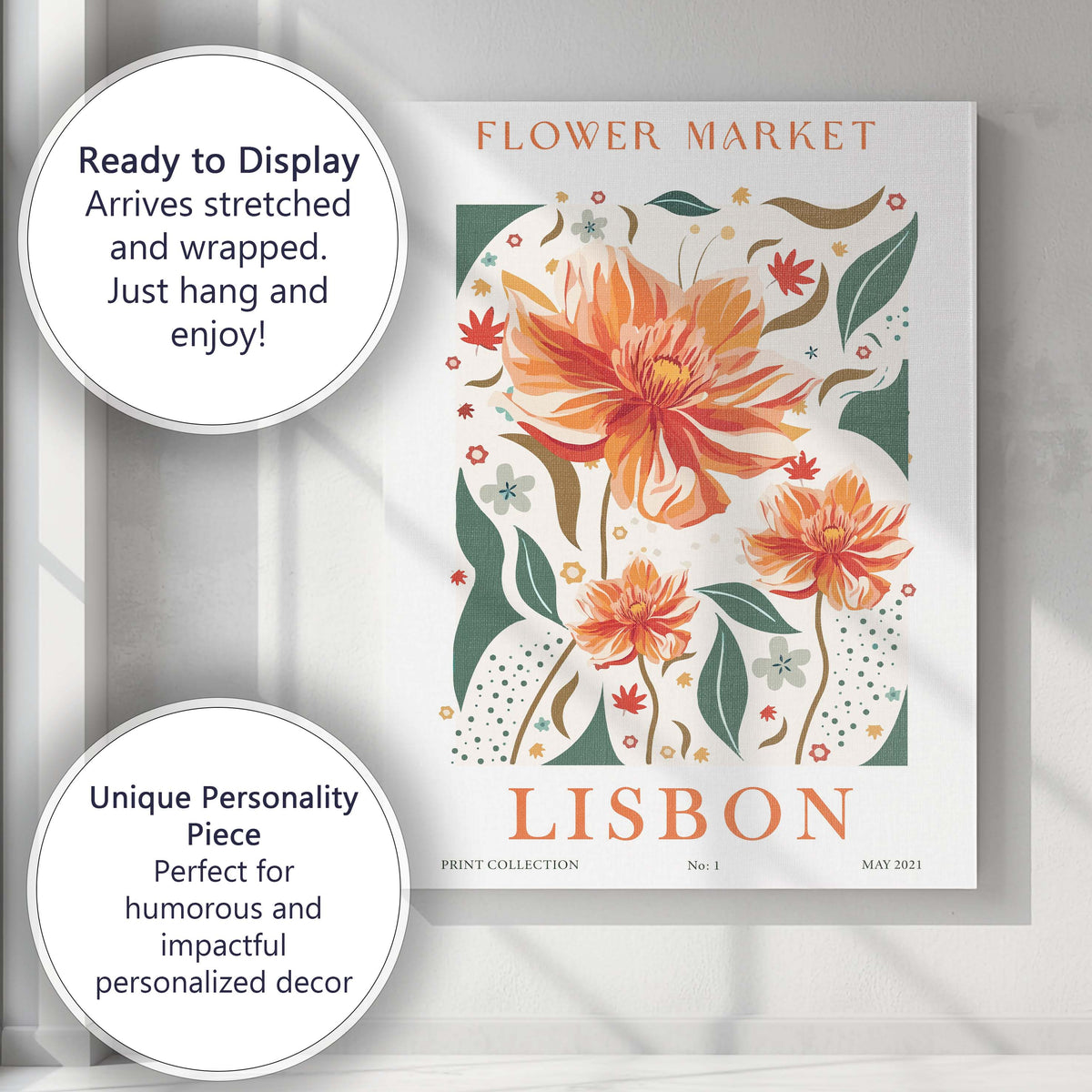 Decorative Orange Dahlia Floral Folk Art Illustration Canvas Wall Art Print Decor Picture Ready to Hang