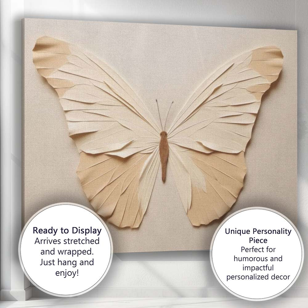 Elegant Cream Paper Butterfly Sculptural Minimalist Artwork Canvas Wall Art Print Decor Picture Ready to Hang