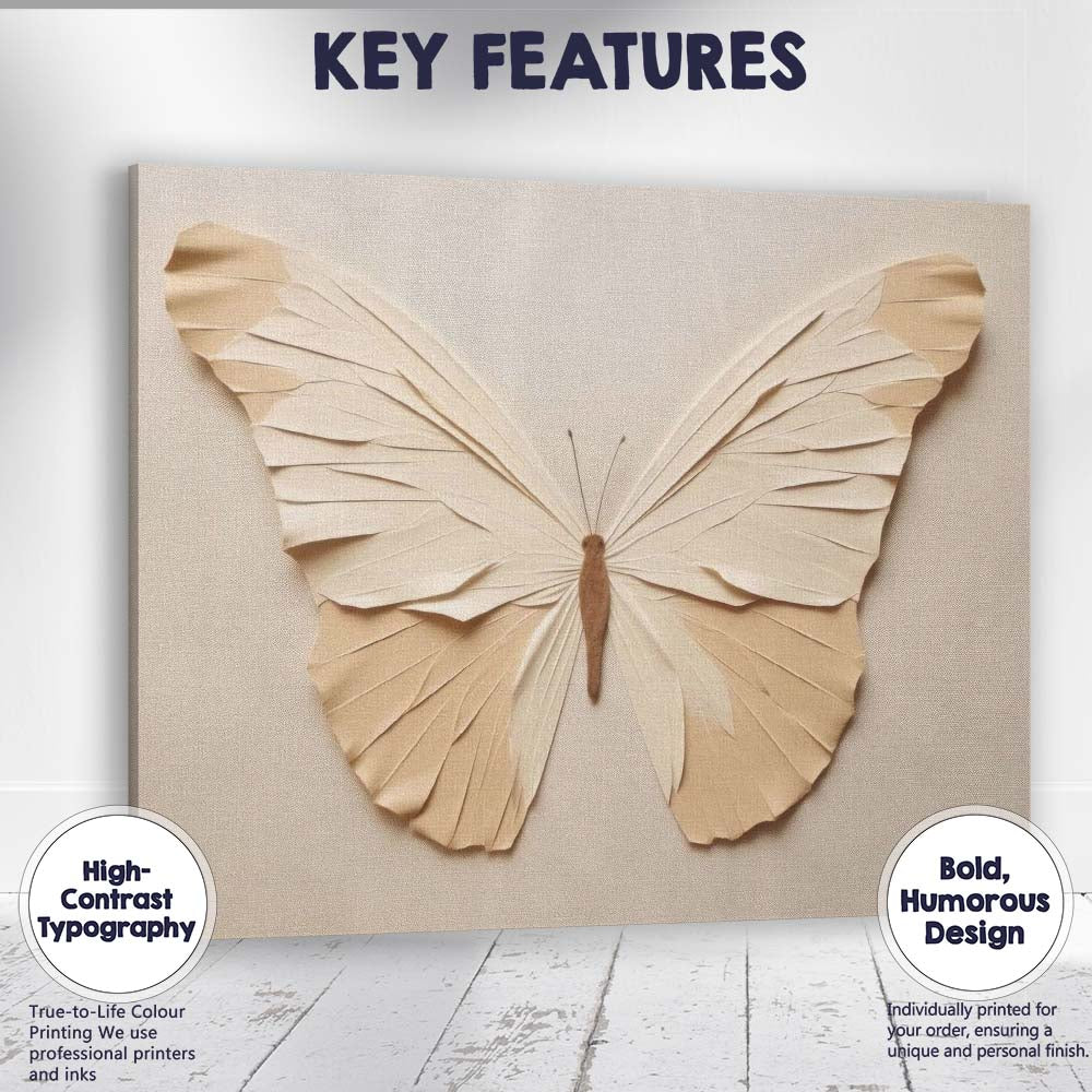 Elegant Cream Paper Butterfly Sculptural Minimalist Artwork Canvas Wall Art Print Decor Picture Ready to Hang